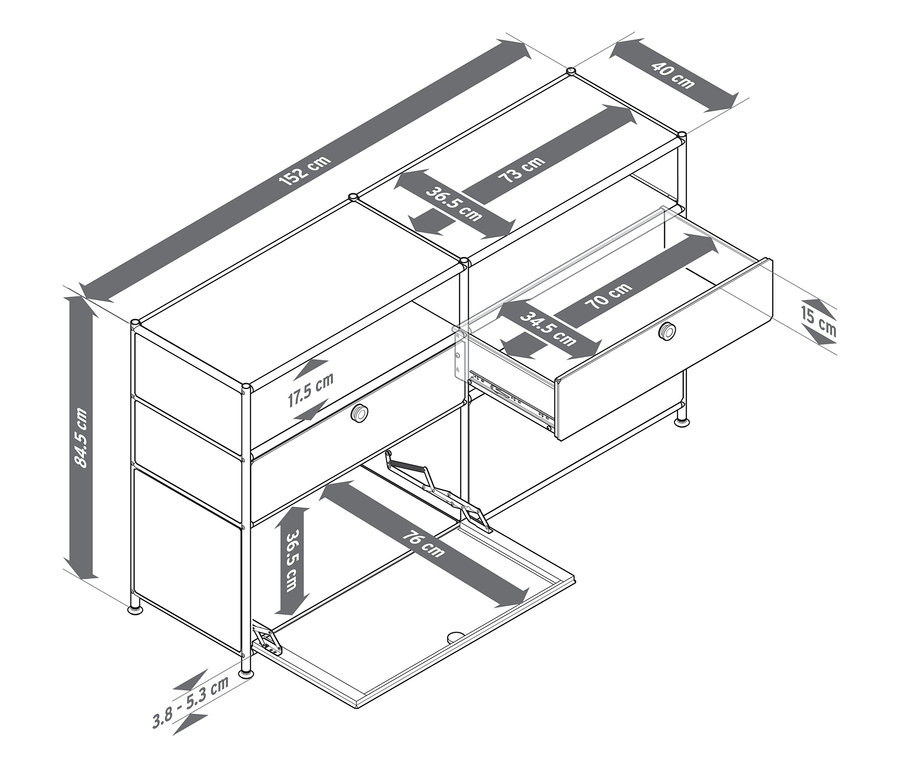 Vázlat egy "CN3" fém komódról 2 lenyíló ajtós rekesszel, 2 fiókkal és 2 nyitott rekesszel, méretekkel.