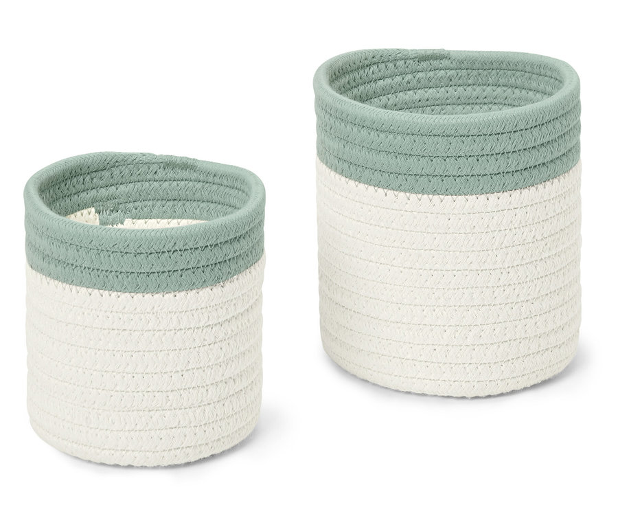 Két tárolókosár, egy kisebb és egy nagyobb, mindkettő fehér és világoszöld pamutból.