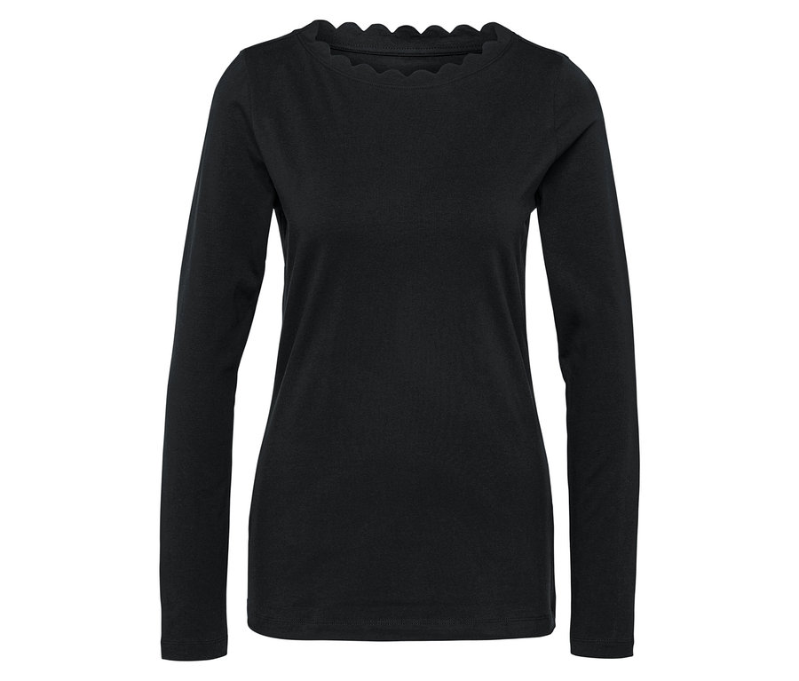 Fekete, hosszú ujjú póló, hullámos szegéllyel.