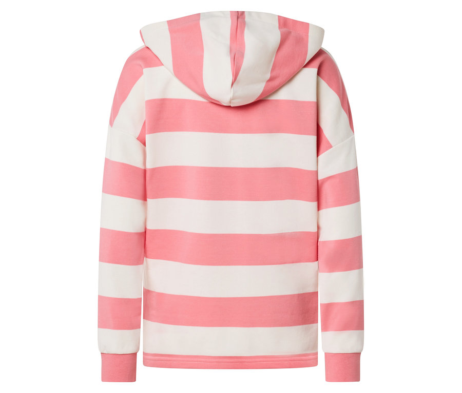 Hátulnézet egy rózsaszín-fehér csíkos kapucnis pulóverről.