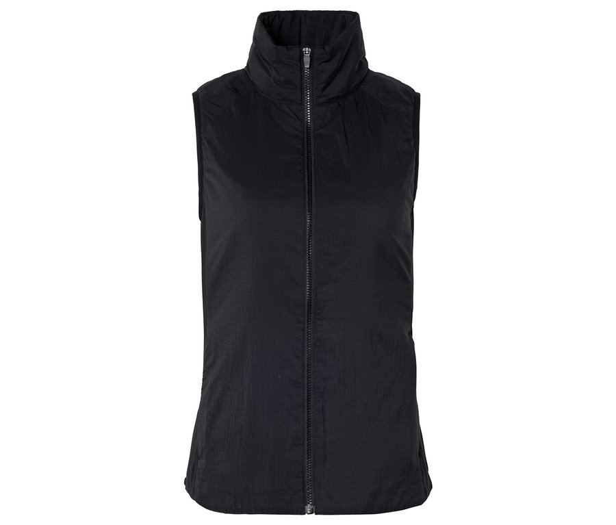 Fekete, ujjatlan, steppelt mellény, végig cipzárral.