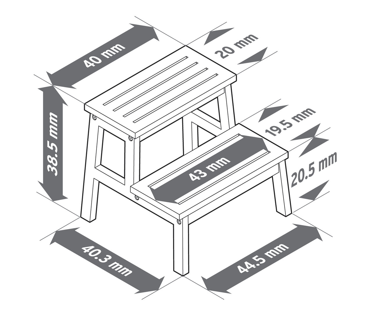 Ábra egy fa fellépőről masszív fából, milliméterben megadott méretekkel.