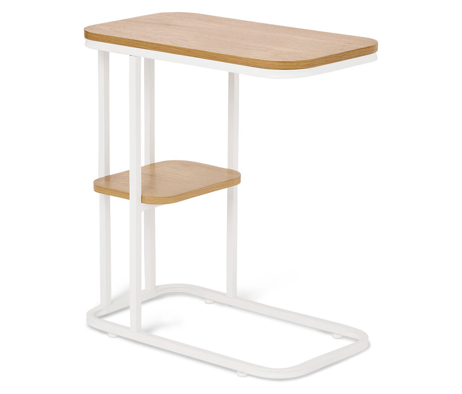 Fa asztalú, fehér fémvázas kisasztal.