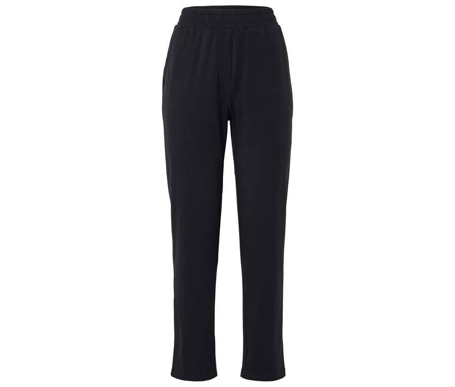 Egy fekete melegítőnadrág gumis derékpánttal, fehér háttér előtt.