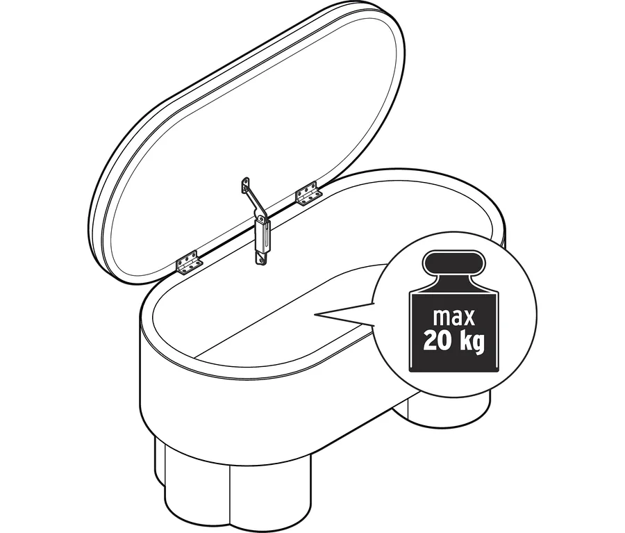 Buklé tárolós pad nyitott fedéllel, amely a tárolórekeszt és a maximális 20 kg-os terhelést mutatja.