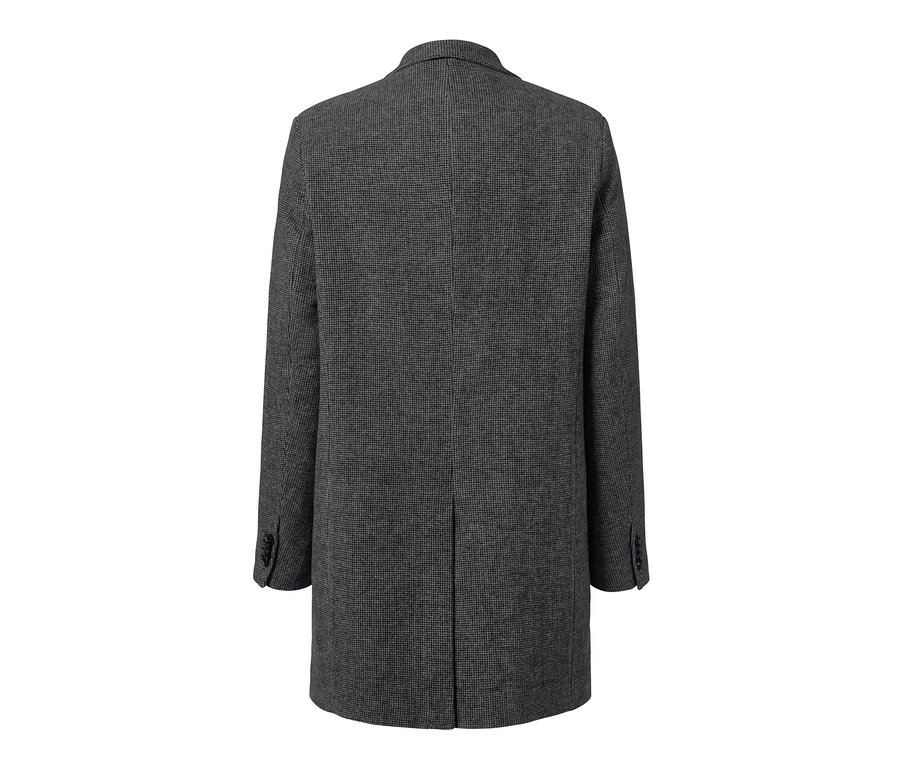 Egy szürke, gyapjú férfi szövetkabát hátulnézete.