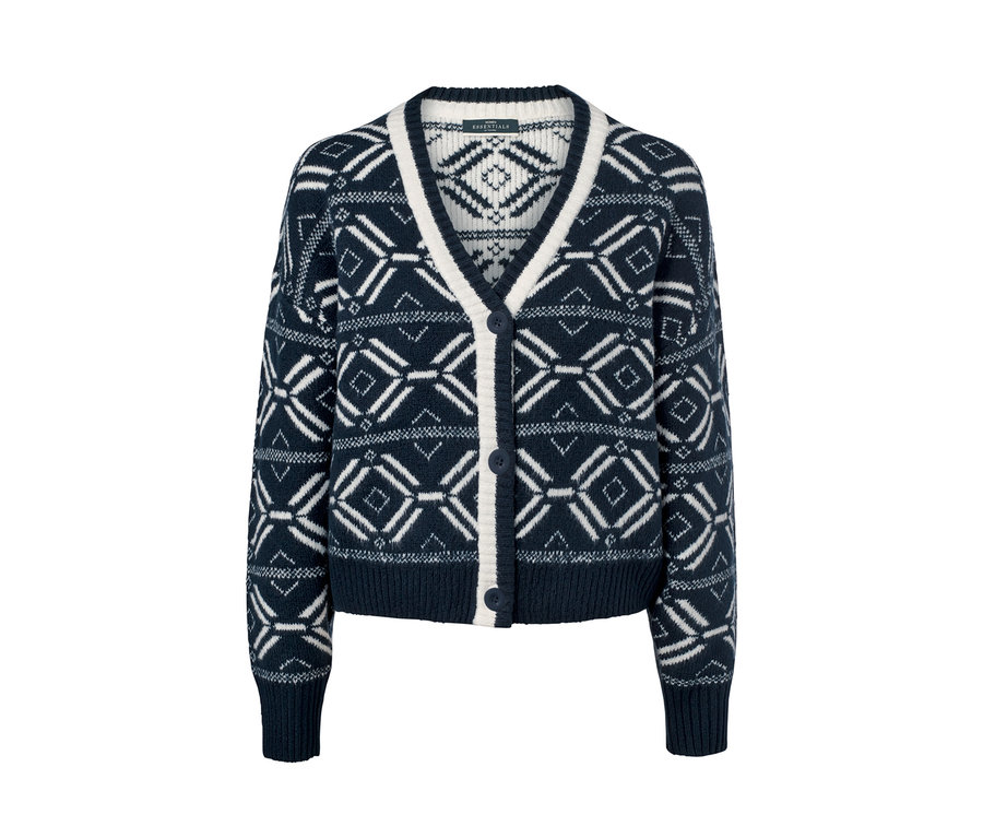 Sötétkék/krém színű, mintás női kardigán.
