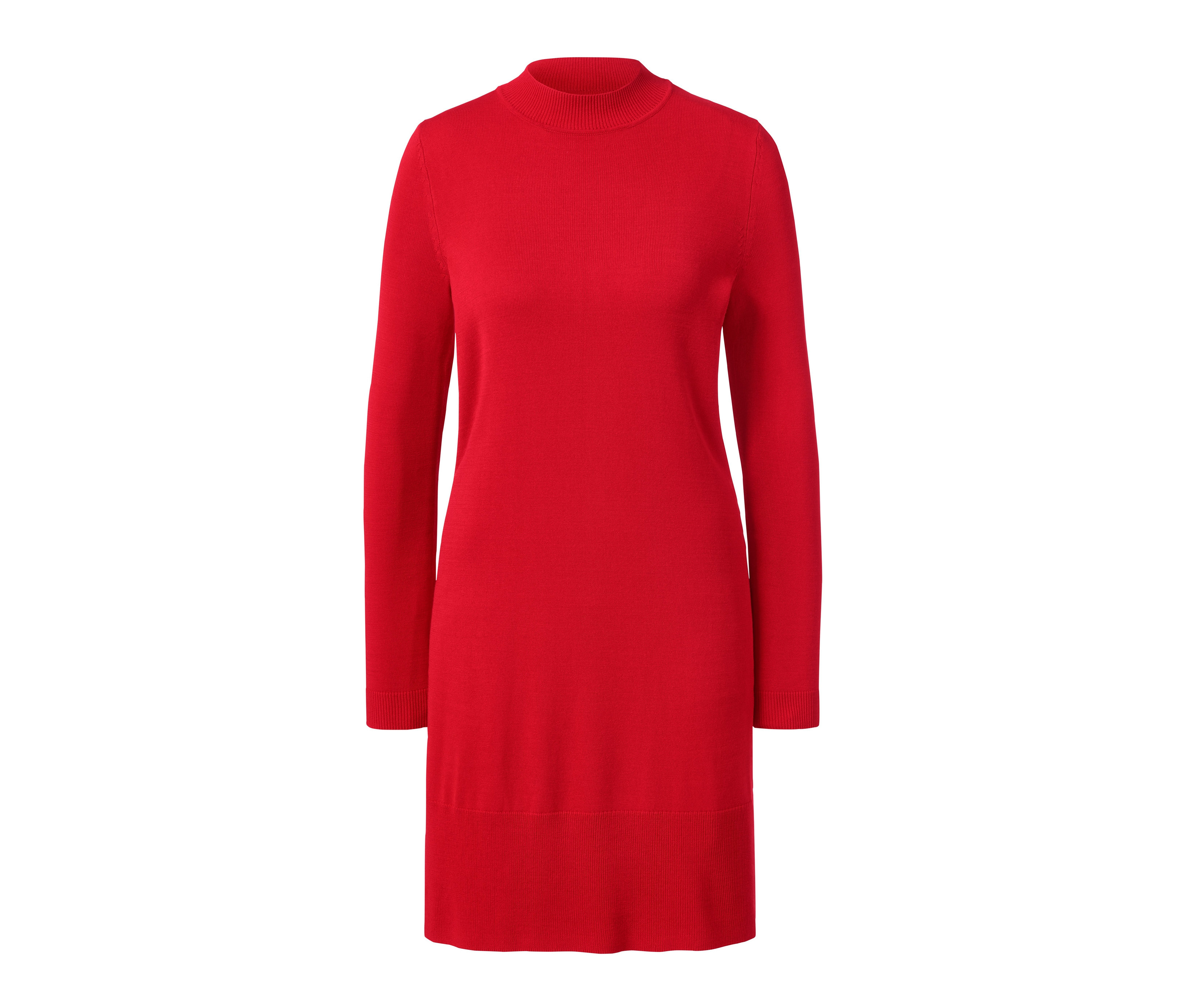 Piros, hosszú ujjú, garbós kötött ruha.