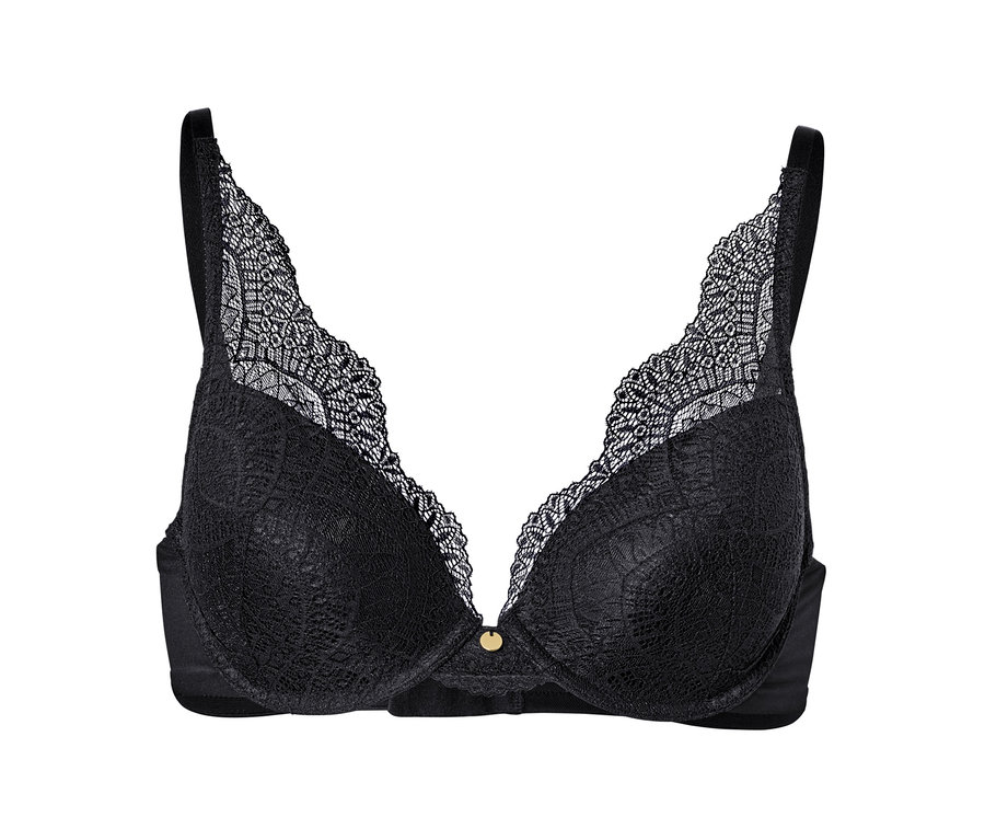 Fekete, kosaras, csipkés női melltartó fehér alapon.