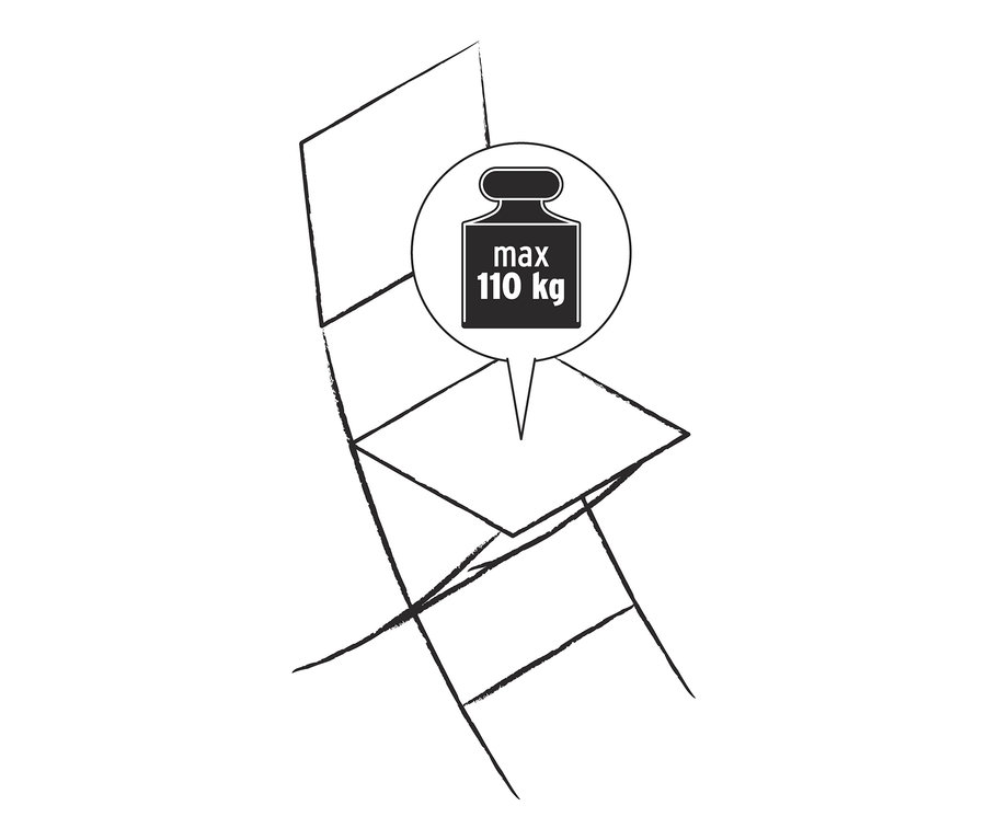 Ábra egy összecsukható kerti székkel, karfával, és 110 kg-os maximális terhelhetőséggel.