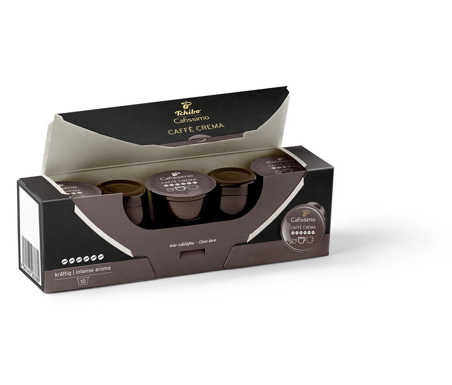 Egy kinyitott csomag Caffè Crema Intense – 10 db kávékapszulával.