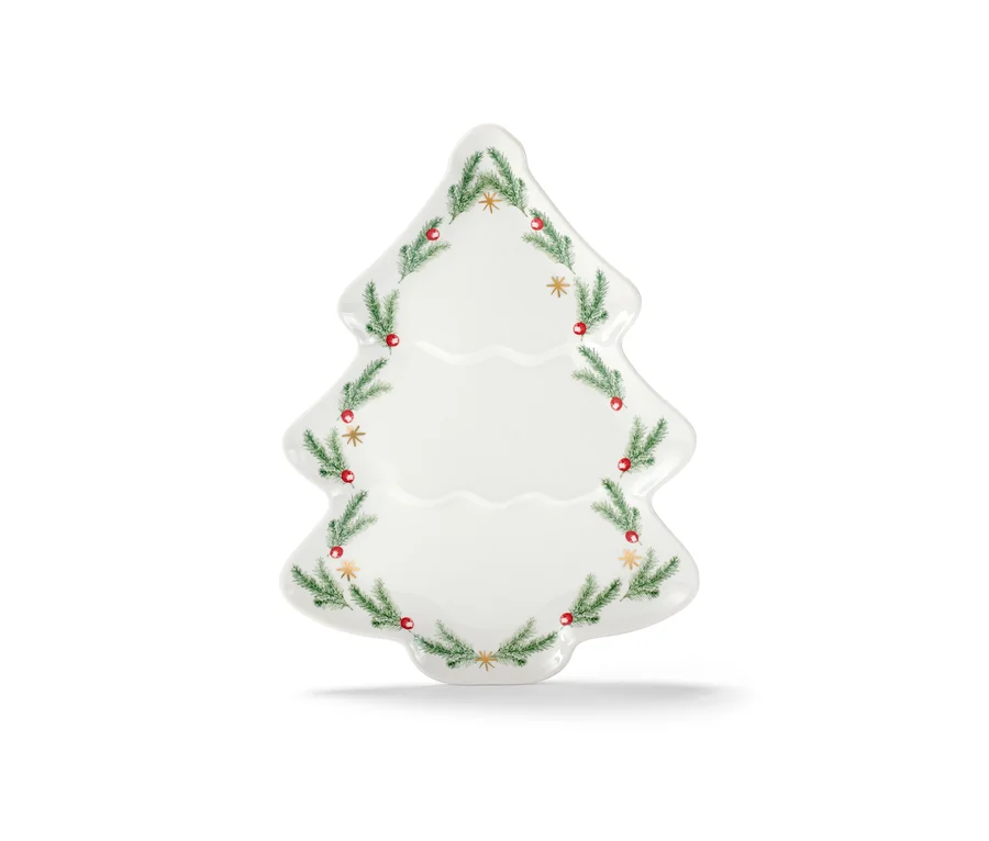 Fenyőfa alakú porcelán tálalótál, 22x16,5 cm, díszítéssel.