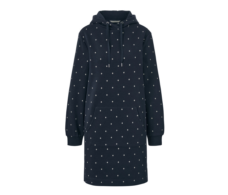 Egy sötétkék, pöttyös, kapucnis női lezser ruha.