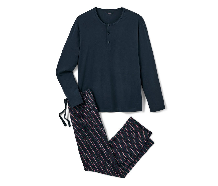 Sötétkék, mintás, modál férfi pizsama hosszú ujjakkal.