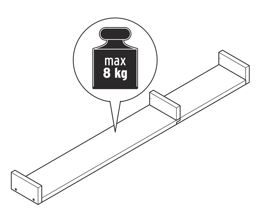 Egy kb. 120 cm-es falipolc illusztrációja, maximum 8 kg-os terhelhetőséggel.
