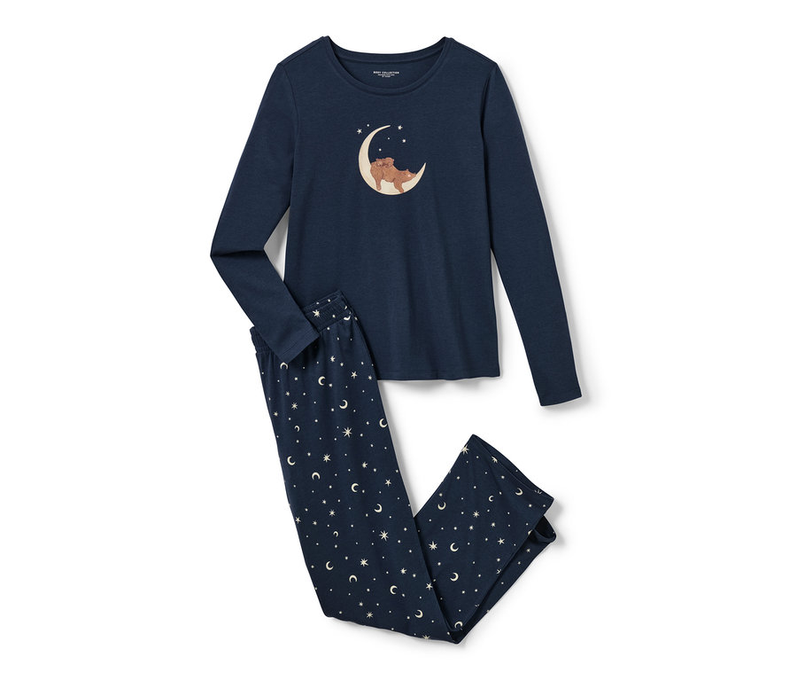 Sötétkék, macis mintájú női pizsama, hold és csillag mintás nadrággal.