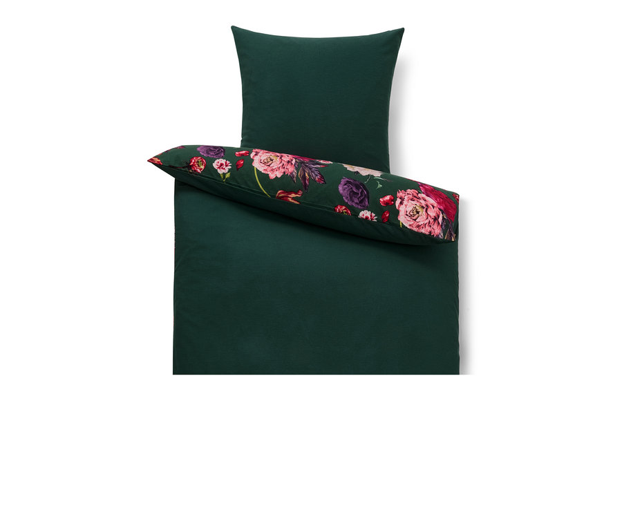Zöld pamutflanel ágynemű: paplanhuzat és párna, a párnán virágmintával.