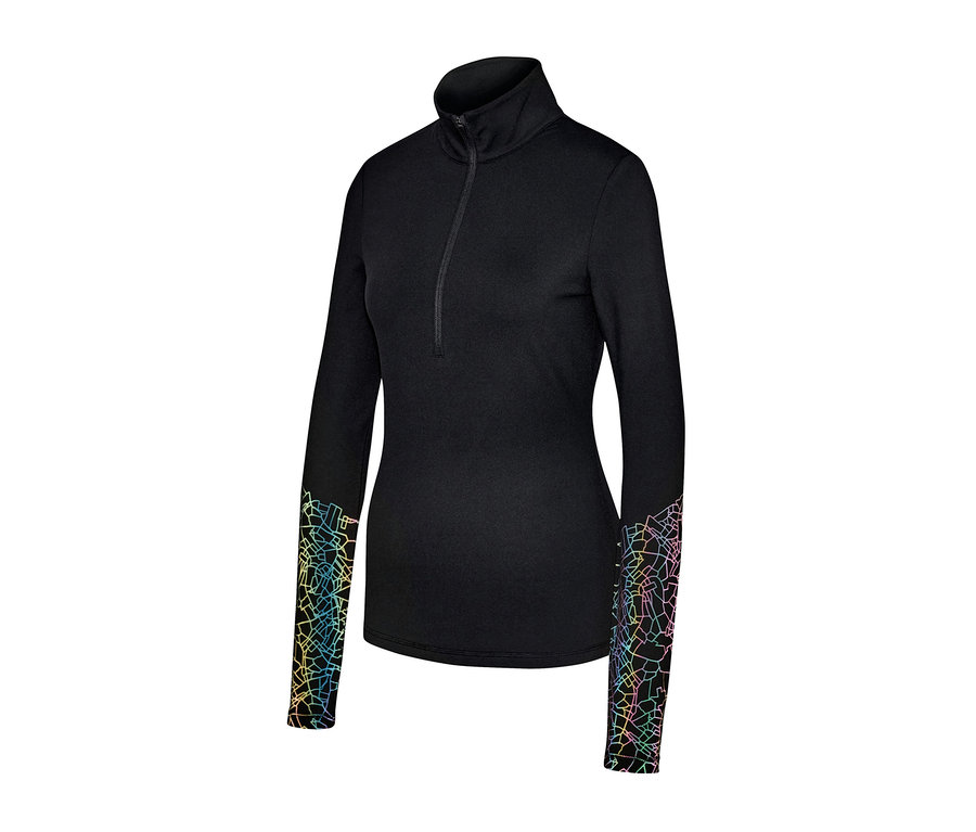 Fekete női funkcionális termofelső, színes fényvisszaverő geometrikus mintával az ujján.
