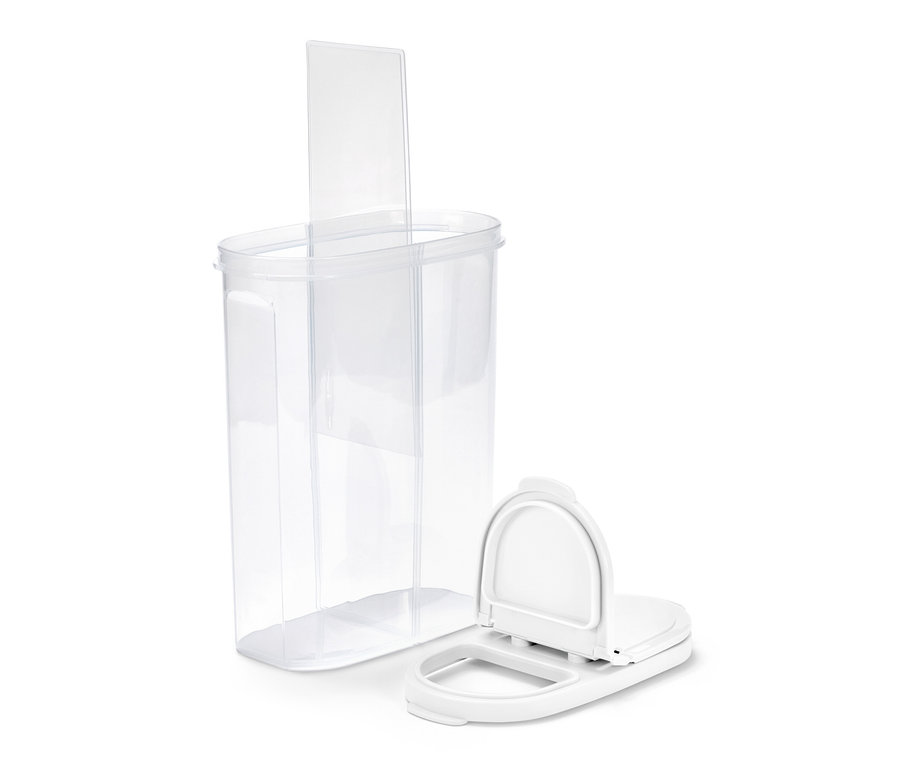 Egy átlátszó 2 az 1-ben tárolódoboz nyitott, fehér fedővel.