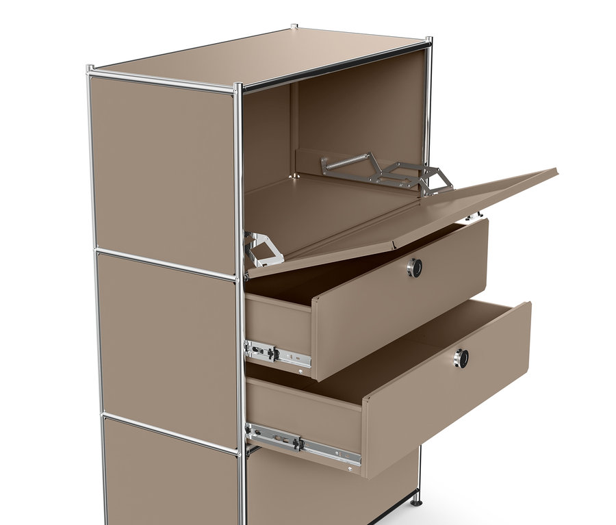Szürkésbarna »CN3« fém komód 2 lenyíló ajtóval (egyik nyitva) és 2 fiókkal (egyik kihúzva).
