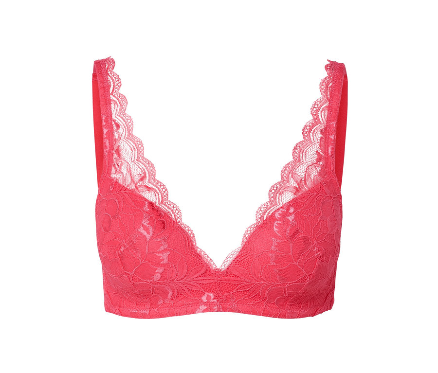 Korall színű, csipkés, puha kosaras női melltartó.