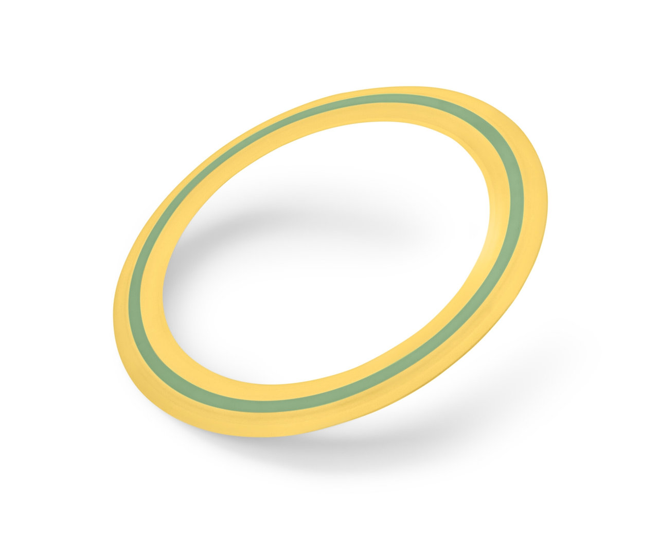 Sárga dobókorong zöld csíkkal fehér háttéren.