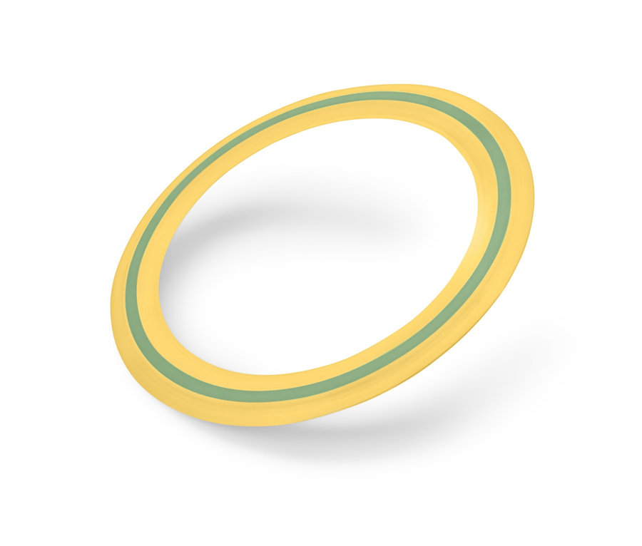 Sárga dobókorong zöld csíkkal fehér háttéren.