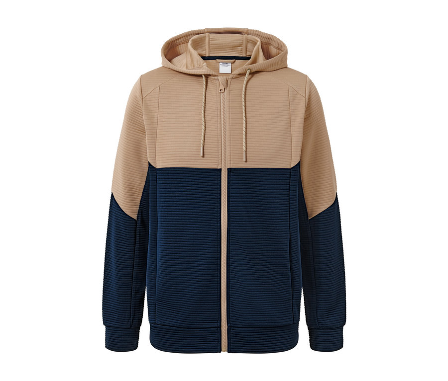 Bézs és sötétkék színű férfi funkcionális, kapucnis felső.