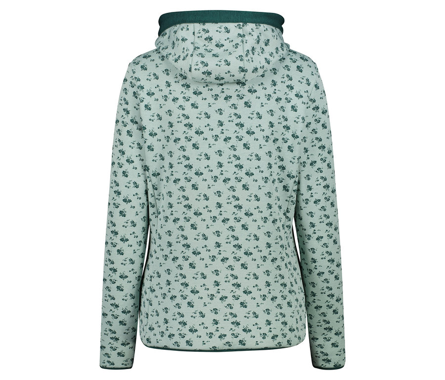 Hátulnézet egy világoszöld, sötétzöld virágmintás kapucnis pulóverről.