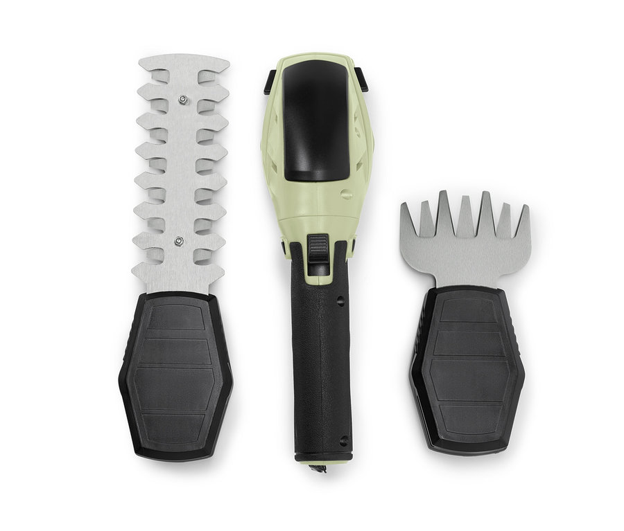 Akkumulátoros kerti olló fű- és bokorvágó toldalékkal.