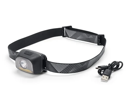 Fekete fejlámpa szürke-fehér mintás pánttal és USB töltőkábellel.