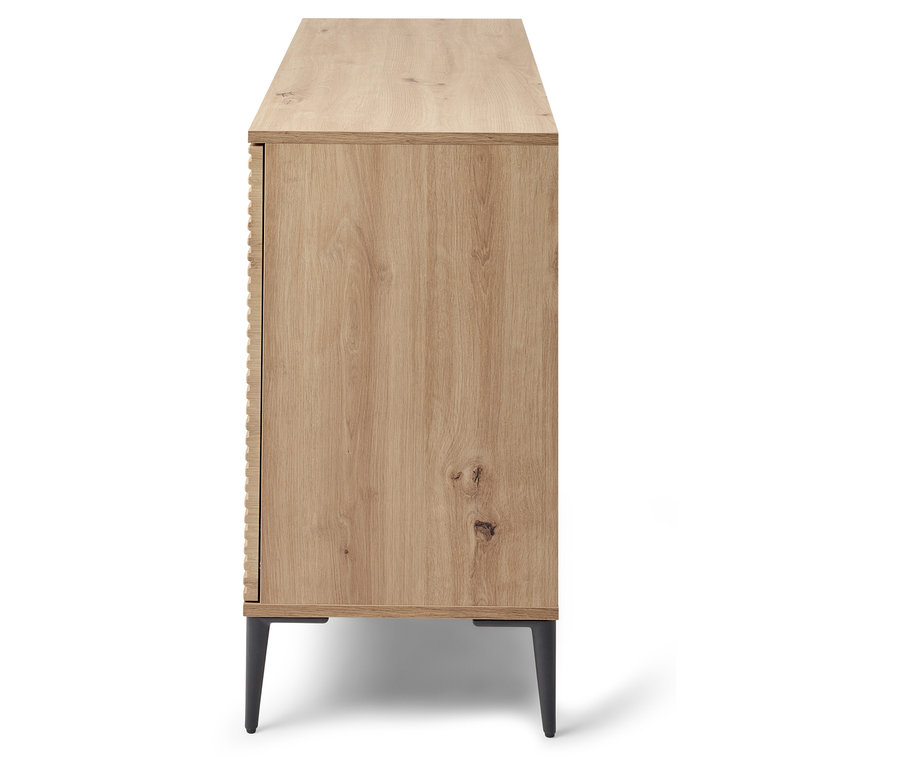 Oldalnézet egy fa szekrényről, fa textúrával és fekete lábakkal.