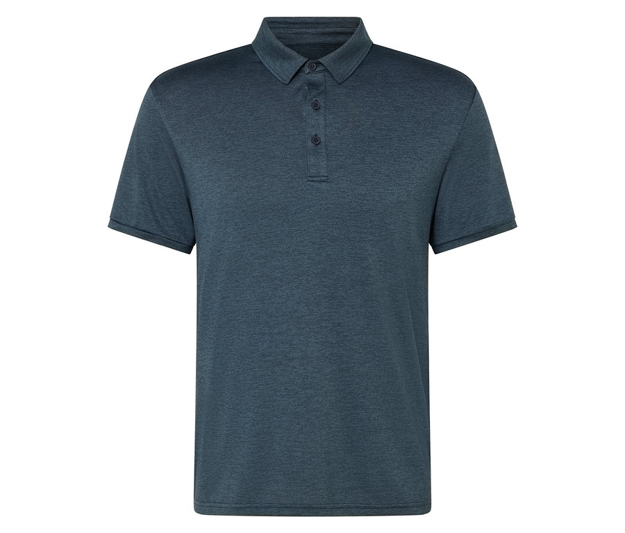 Sötétkék, gombos galléros póló.