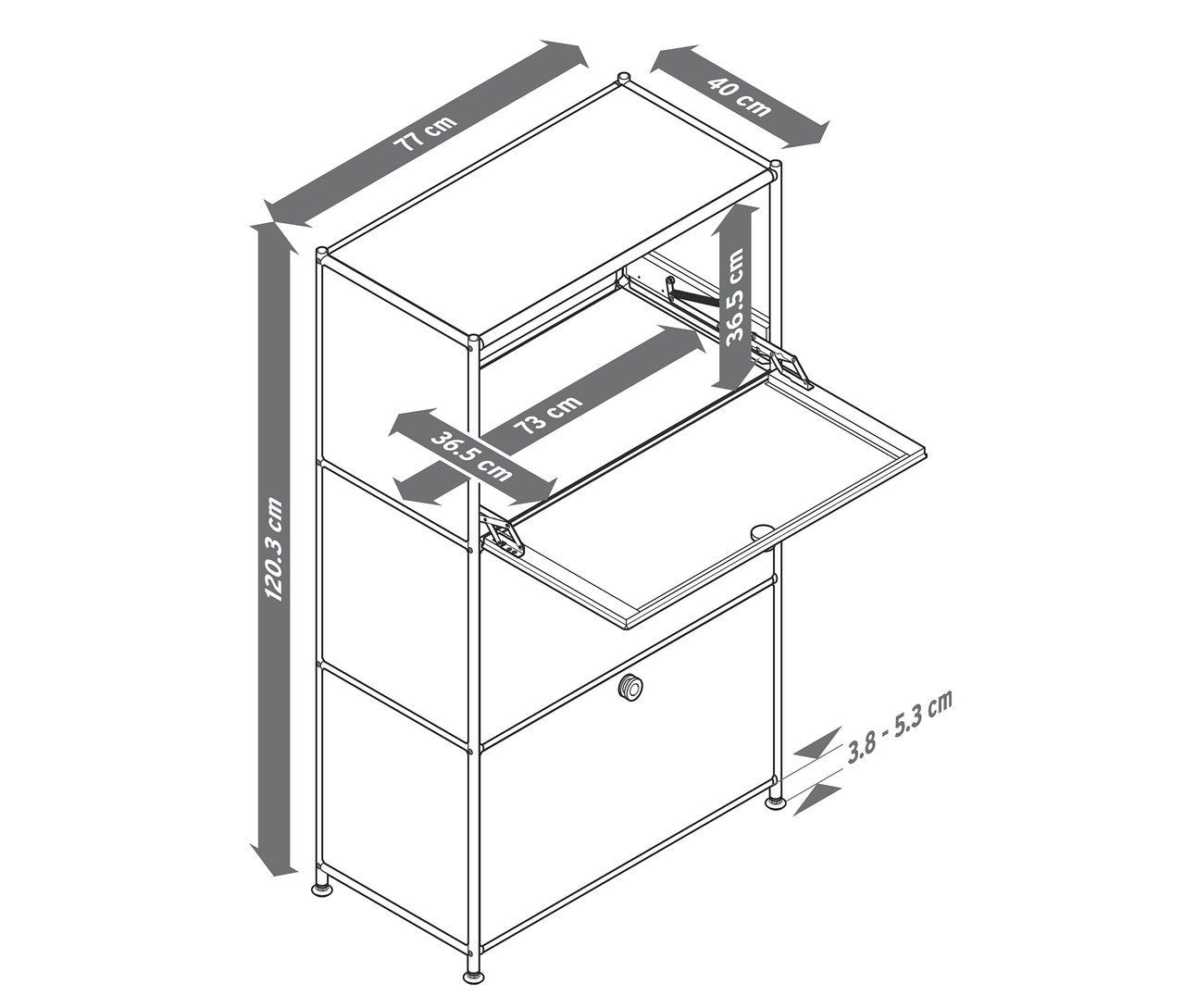 Fekete-fehér rajz egy szekrényről méretekkel, nyitott felső résszel és lehajtható lappal.