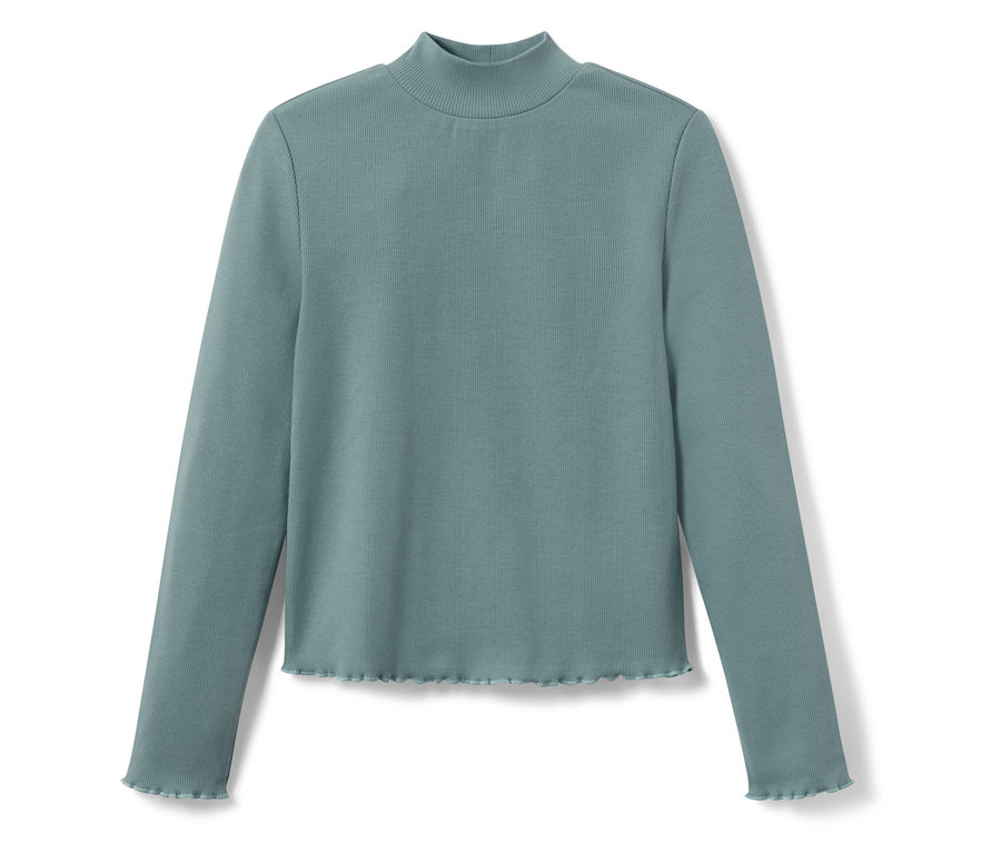 Zöld, bordázott, hosszú ujjú garbós felső.