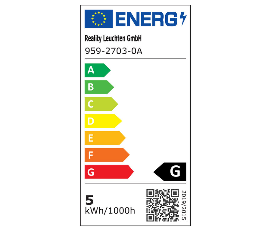 Energiacímke A-tól G-ig terjedő energiahatékonysági osztályokkal, QR-kóddal és fogyasztási értékkel.