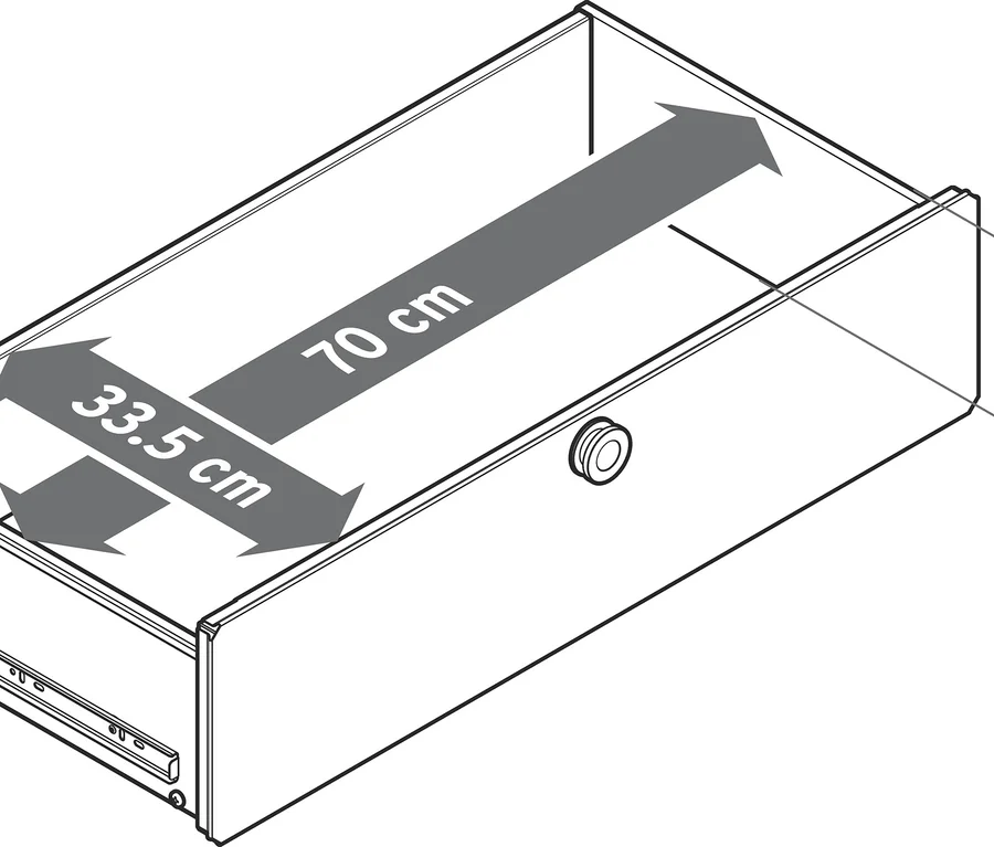 Fém fiók kiegészítő készlet »CN3«, kicsi, 70 cm mélységgel, 33,5 cm szélességgel és 13,5 cm magassággal.