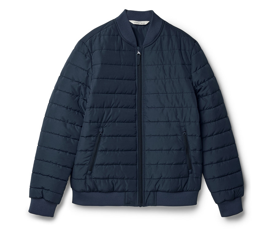 Sötétkék, cipzáras, steppelt dzseki zsebekkel.