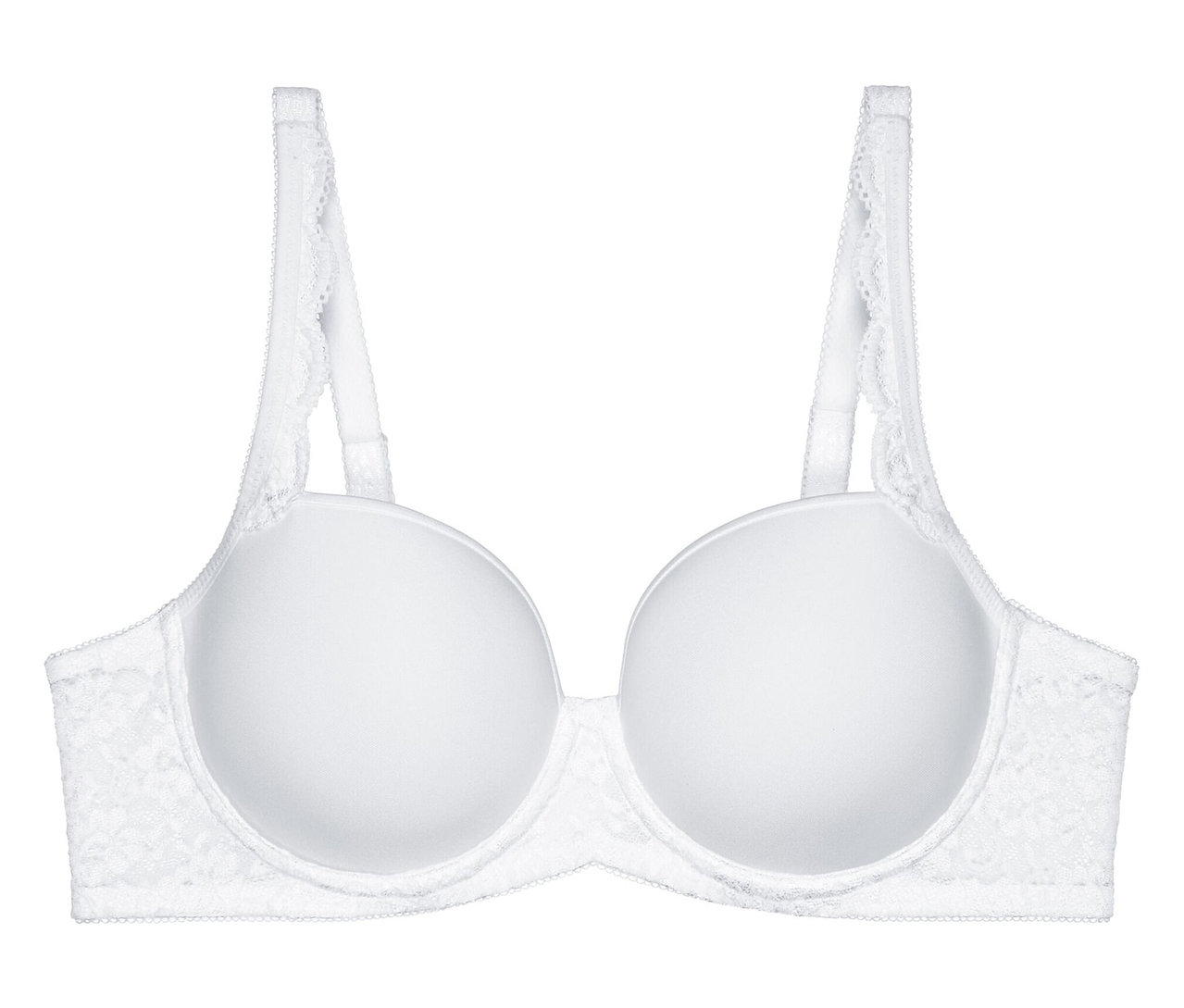 Fehér Triumph Amourette WP melltartó sima, párnázott kosarakkal és csipkés részletekkel az oldalán és a pántokon.