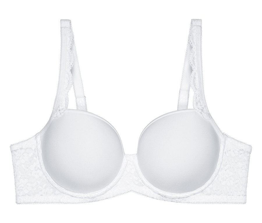 Fehér Triumph Amourette WP melltartó sima, párnázott kosarakkal és csipkés részletekkel az oldalán és a pántokon.