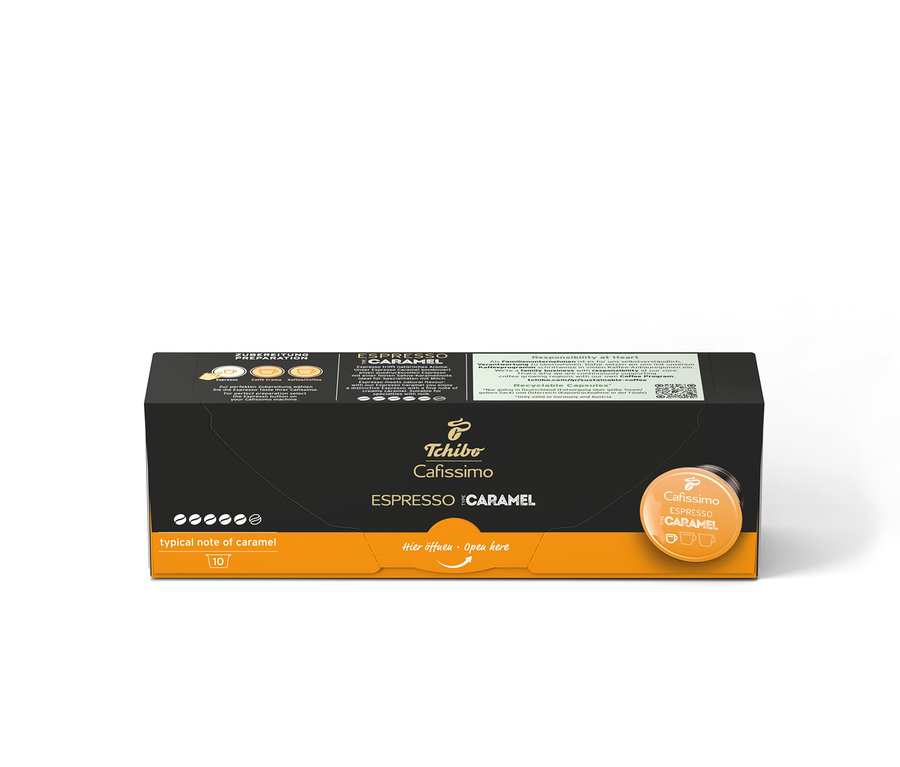 Egy csomag Cafissimo Flavoured Edition Espresso Caramel 10 kapszulával.