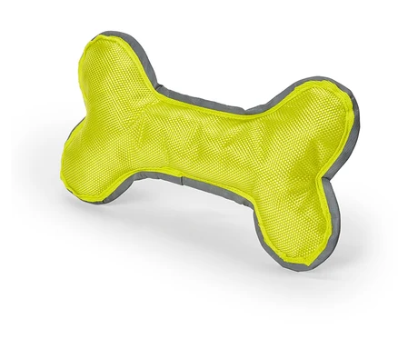 Csont alakú, neon sárga kutyajáték szürke szegéllyel, fehér háttéren.