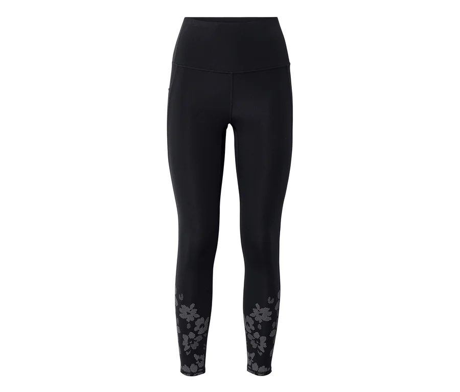 Fekete »ActivePower« sportleggings magas derékkal és szürke virágmintával a bokákon.