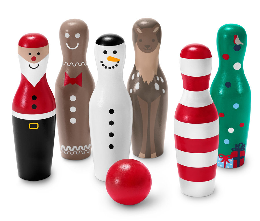 Karácsonyi mini bowling készlet, a bábuk Mikulás, mézeskalács figura, hóember, rénszarvas, cukorpálca és karácsonyfa alakúak.