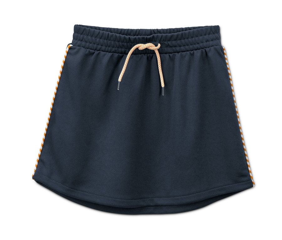 Egy sötétkék sportos jersey szoknya narancssárga csíkokkal az oldalán.