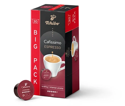 Egy csomag Cafissimo Espresso Intense - 30 db kávékapszula és egy kapszula.