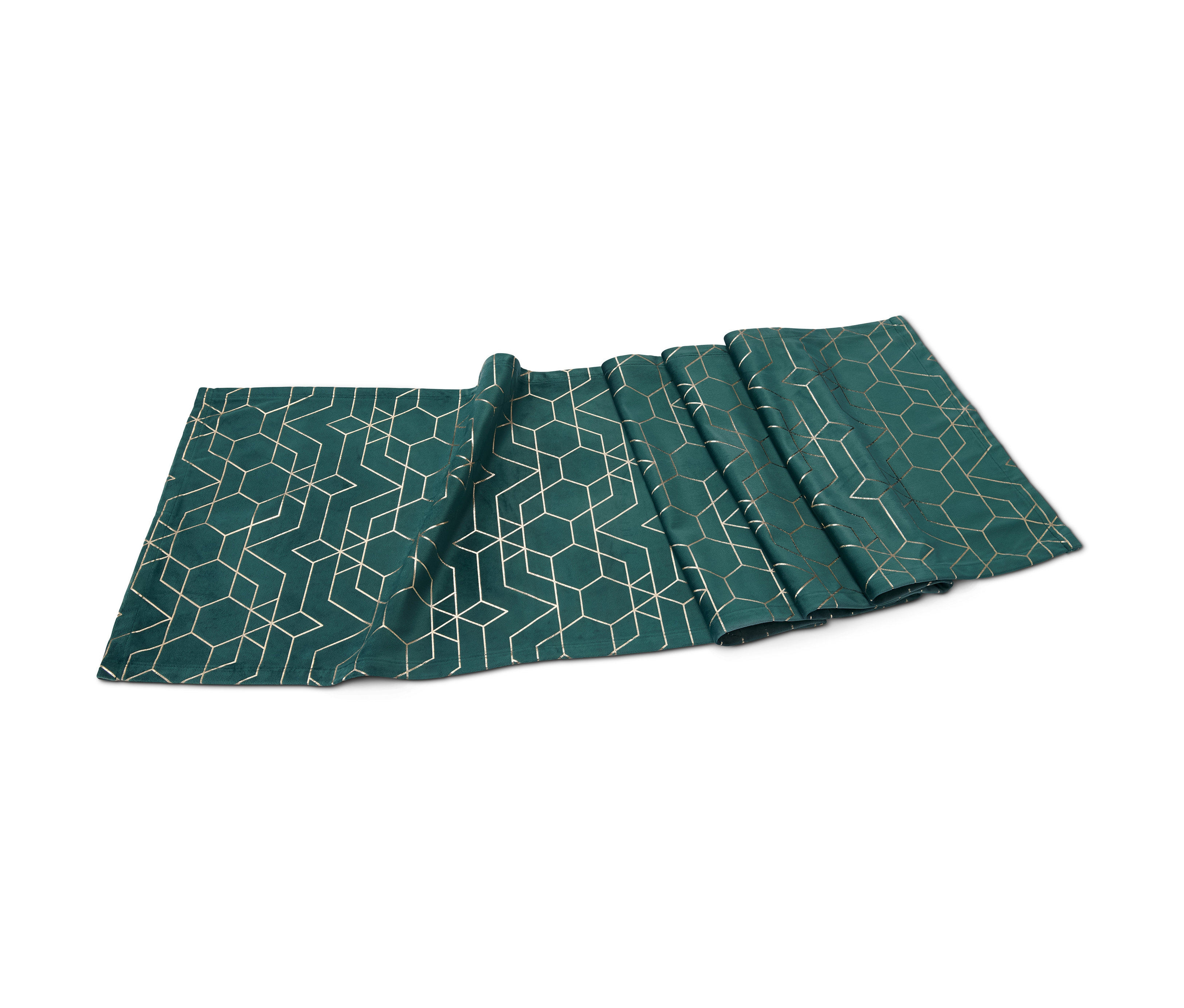 Zöld bársony asztali futó arany geometrikus mintával.