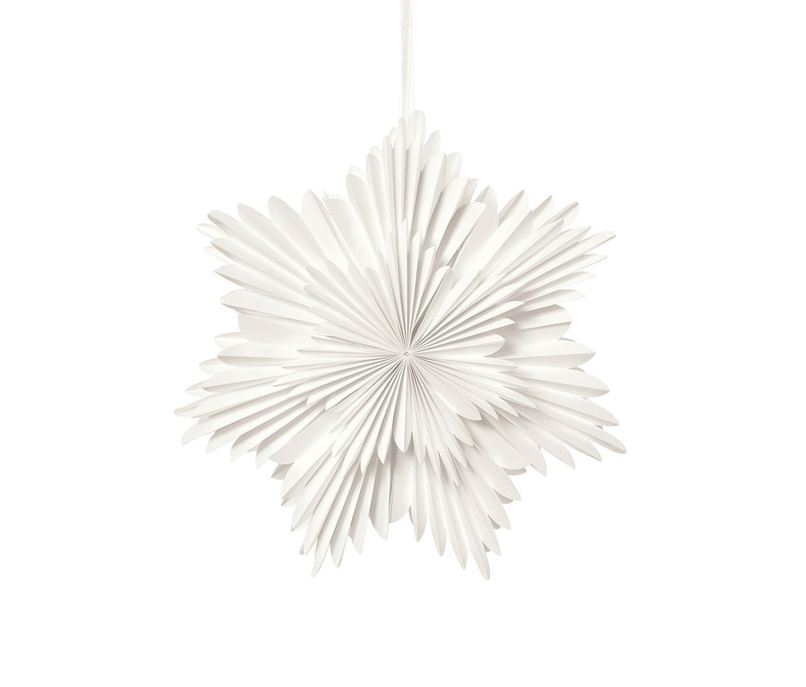 Egy fehér LED-es papírcsillag lóg fehér háttér előtt.