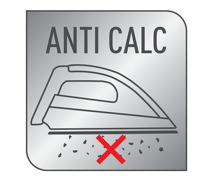 „Anti Calc” szimbólum: stilizált vasaló rajza, vörös X-szel a vízkőlerakódásokon.