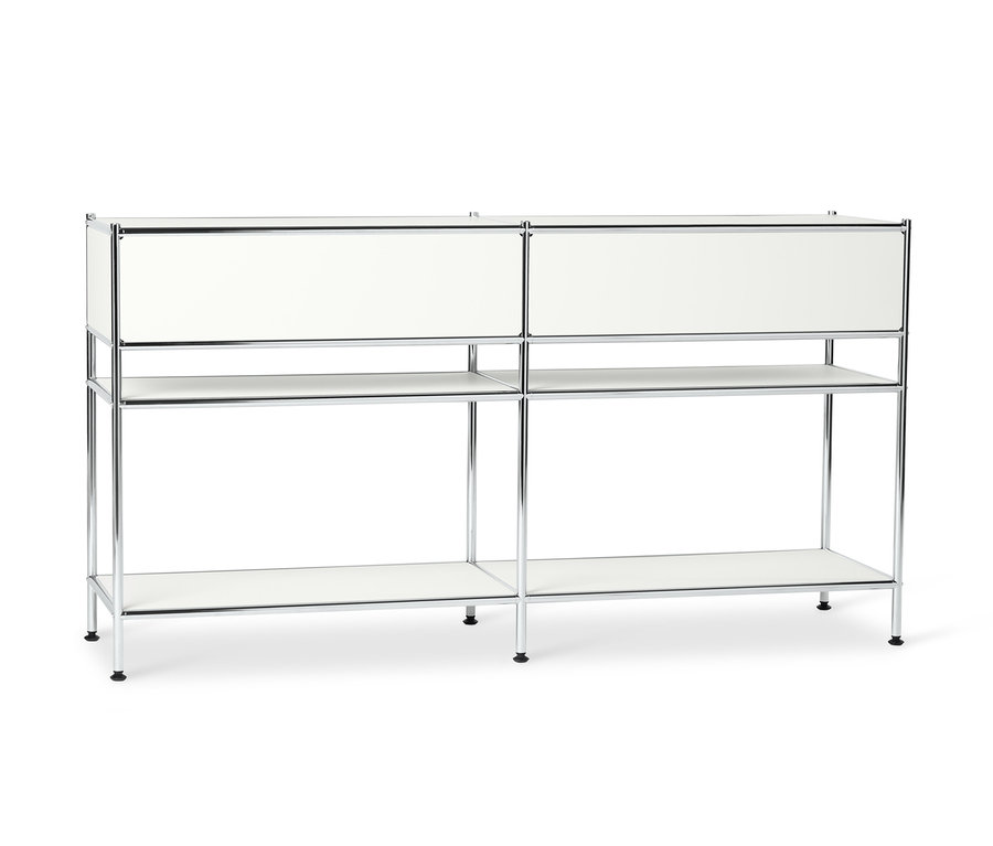 Két fehér fém konzolasztal, mindegyik 2 fiókkal.